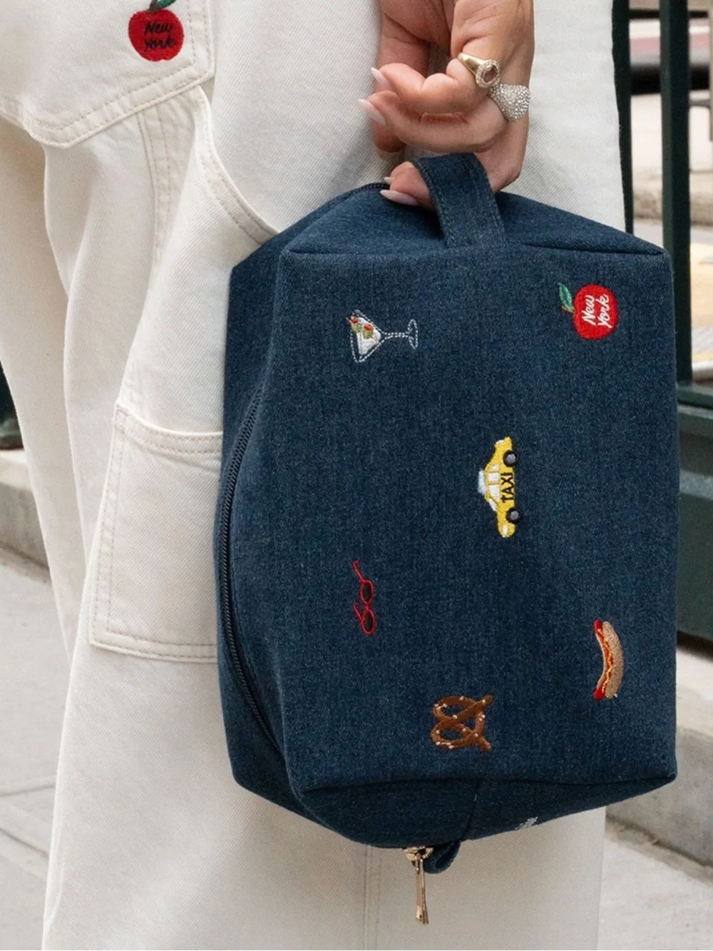 Abercrombie ABBODE Embroidered Denim pouch NYC makeup bag
